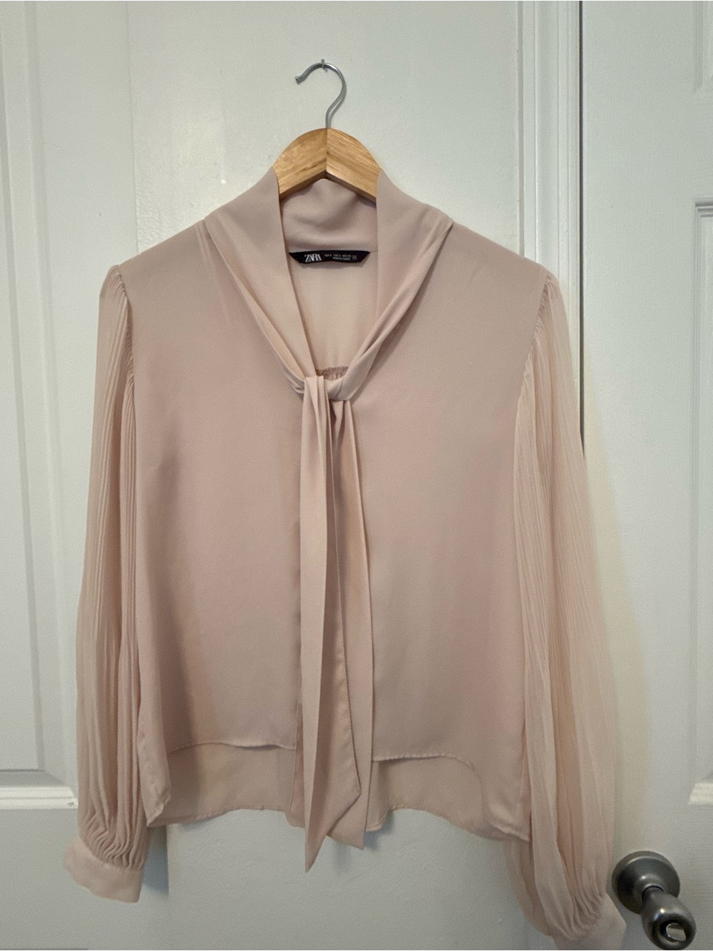 Zara Blush Pink Tie-Neck Pleated Sleeve Blouse